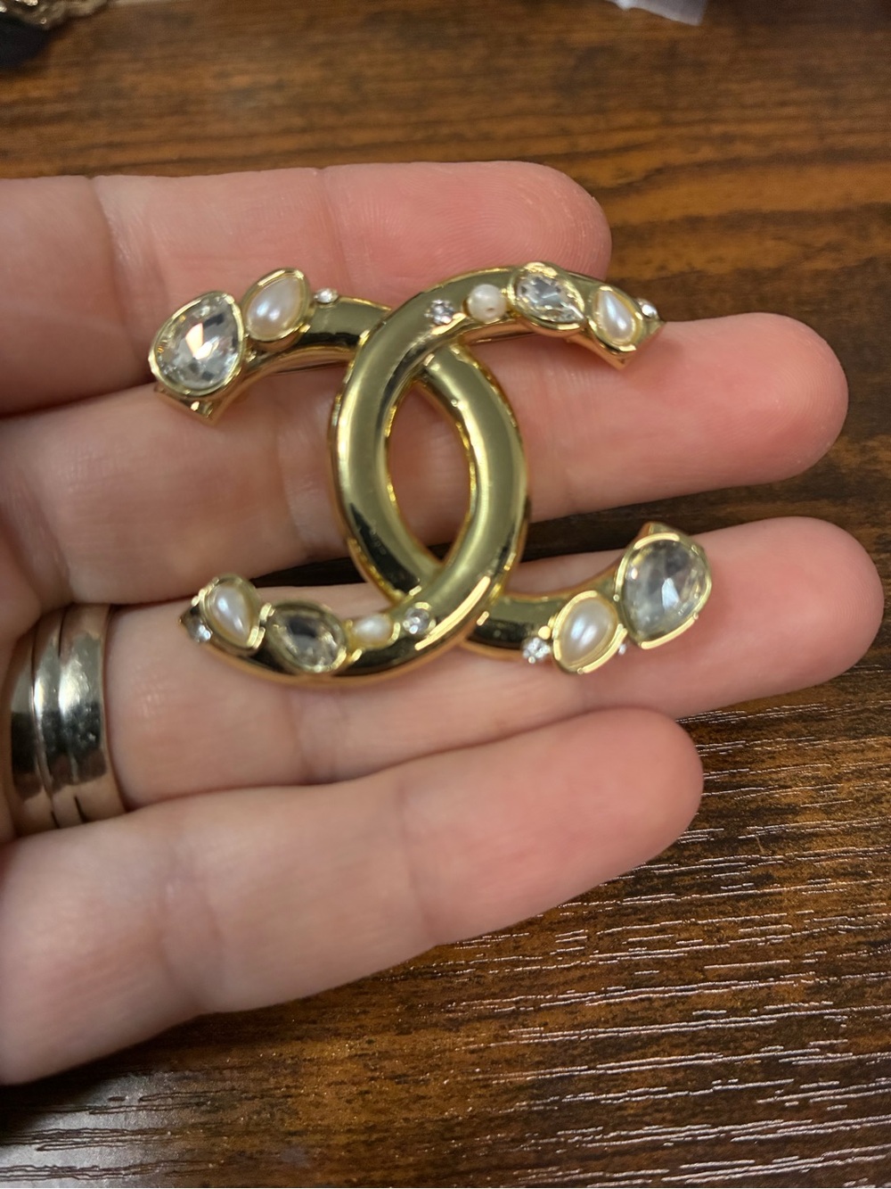 Gold Crystal & Pearl Brooch